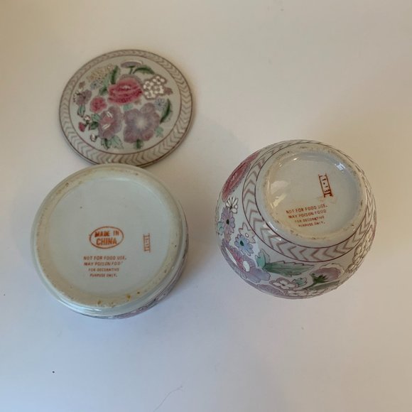 Vintage Chinoiserie Floral Vase & Candy Dish with Lid 3 PC Set Pink & Green - Picture 5 of 6